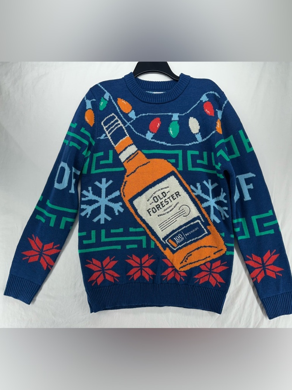 Old Forester Bourbon Festive Blue Crewneck Christmas‎ Sweater Size M - Picture 2 of 7